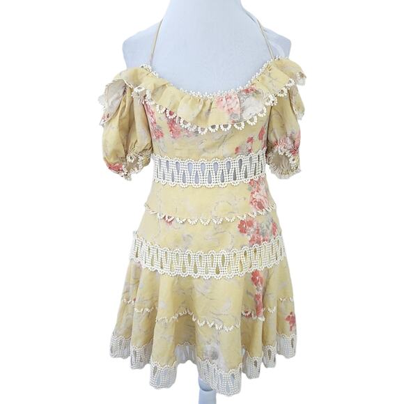 Zimmermann Melody Off Shoulder Mini Dress Yellow Floral (1) Size 6 Flirty Linen - Picture 3 of 13